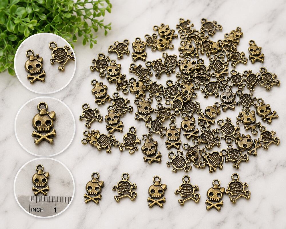 Lot of 70 Bronze Tone Skull & Crossbones with Bow Charms Gothic Jewelry Pendant